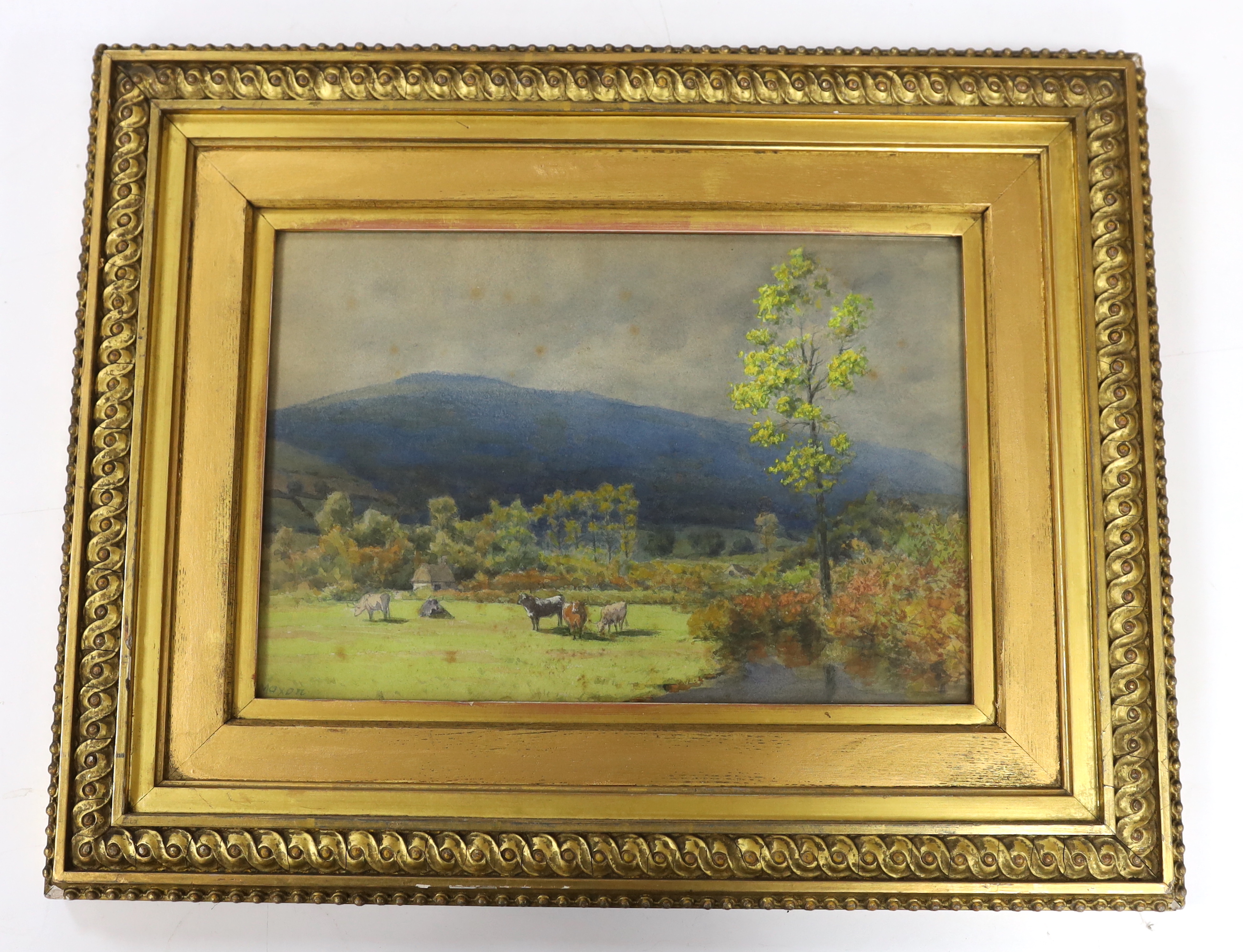 Herbert Moxon Cook (1844-1928), watercolour, Mountainous landscape with grazing cattle, signed, 22 x 31cm, ornate gilt framed